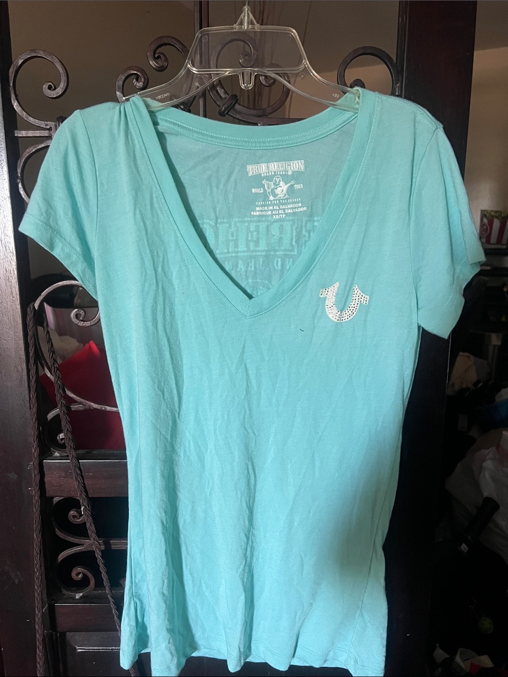 True Religion Aqua V-Neck Short Sleeve Tee with Rhinestone & Tank top- 2 for $20